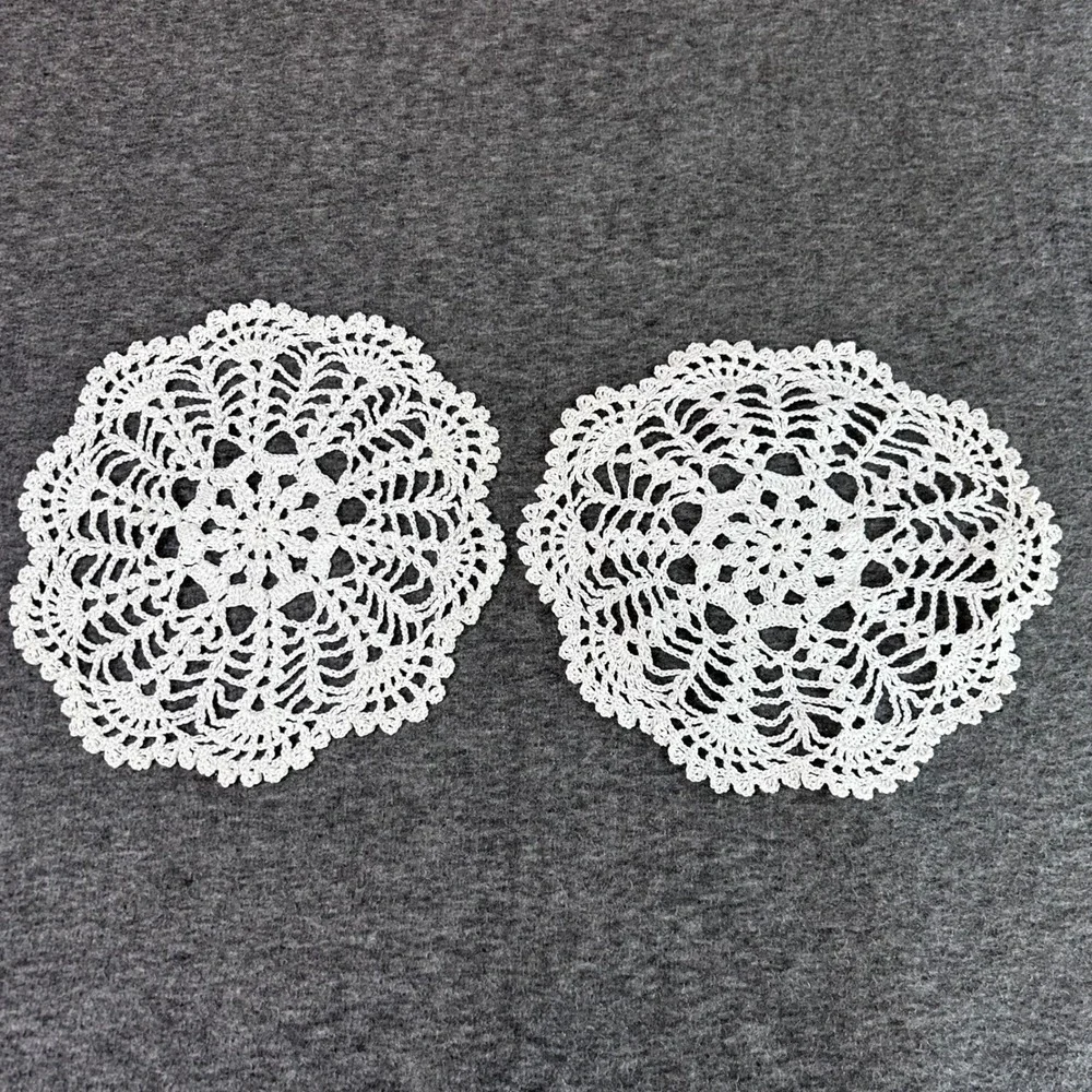 Vintage White Crochet Lace Doilies Set of 2 Round Cotton 9 Inch Table Decor